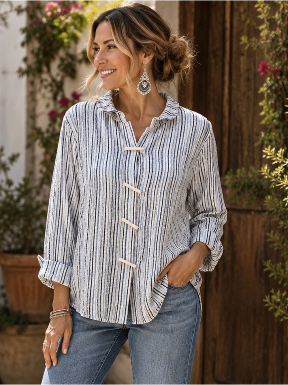 Ali Miles Blue White Striped Crinkle Tunic Top Toggle Buttons Size Medium